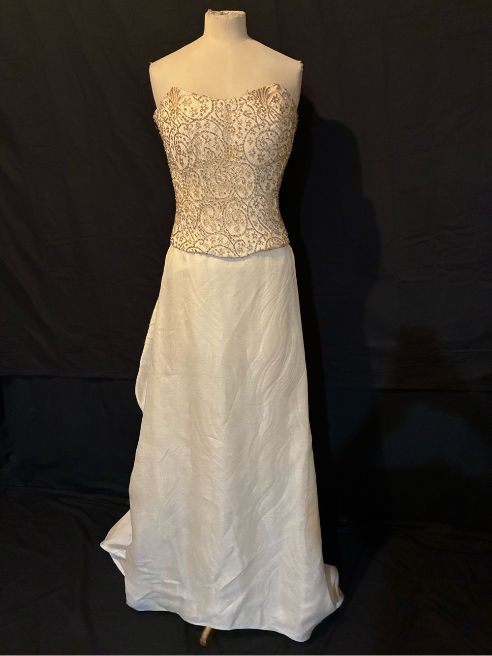 Elegant Silk Italian Strapless Ivory Gold Beaded Bodice Bridal Evening Gown